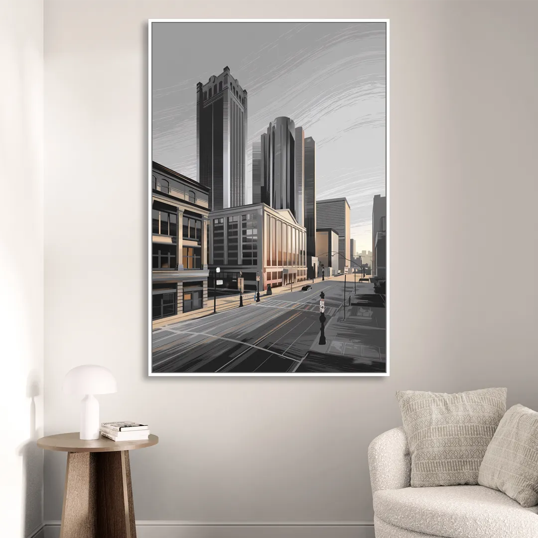 Detroit Downtown Streets Sitting Room - White Canvas Wall Art