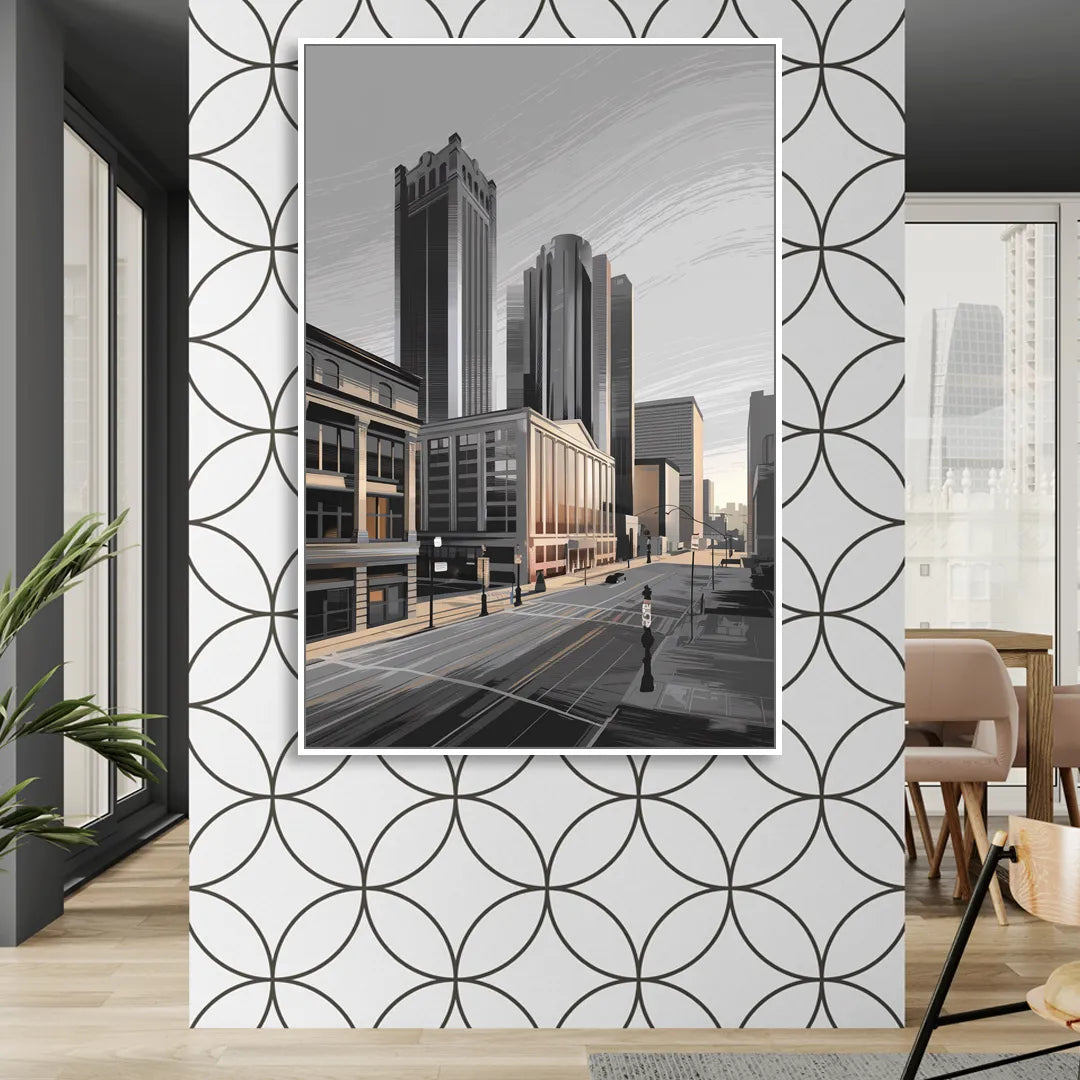 Detroit Downtown Streets Living Room - White Canvas Wall Art