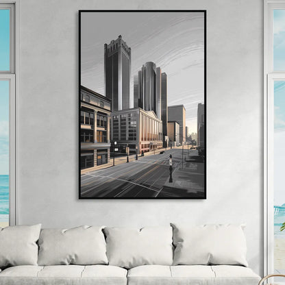 Detroit Downtown Streets Living Room - Black Canvas Wall Art