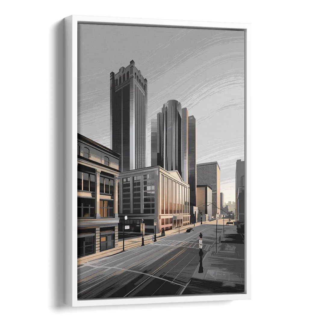 Detroit Downtown Streets Side - White Canvas Wall Art