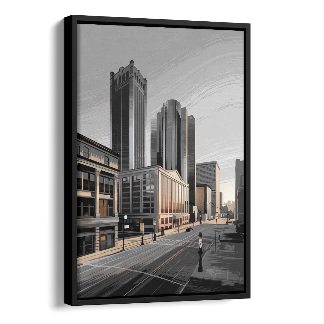 Detroit Downtown Streets Side - Black Canvas Wall Art