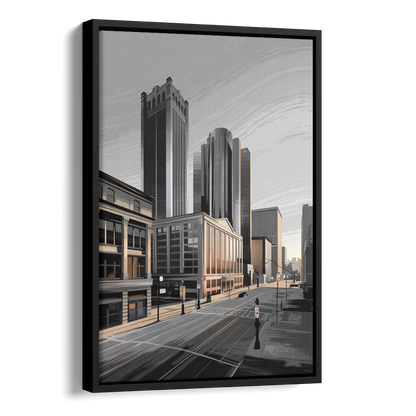 Detroit Downtown Streets Side - Black Canvas Wall Art