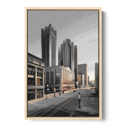 Detroit Downtown Streets - Oak Framed Canvas Wall Art - Front