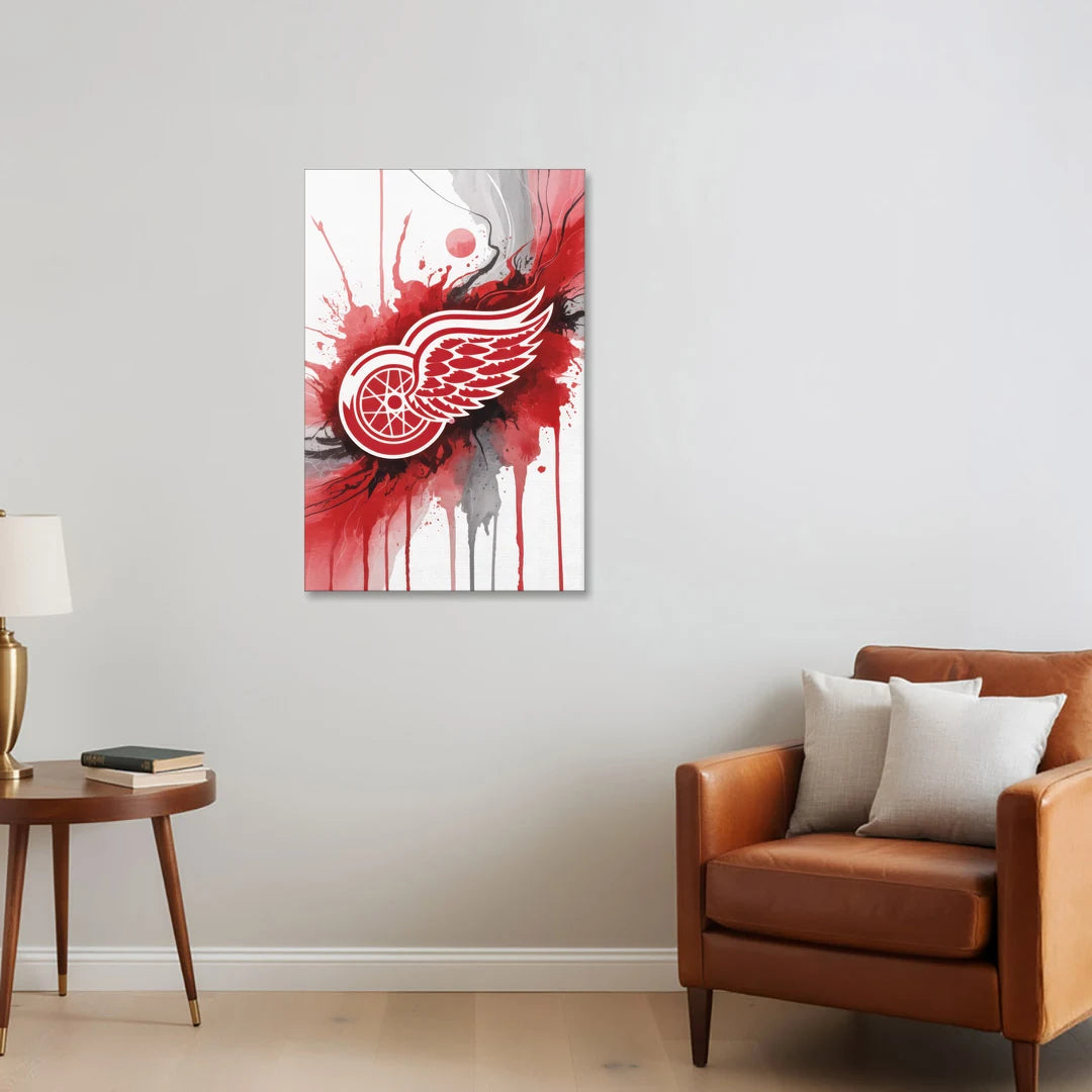 Detroit Red Wings Abstract Watercolor Art with Dynamic Elements - Canvas Wall Art - Sofa - 24x36