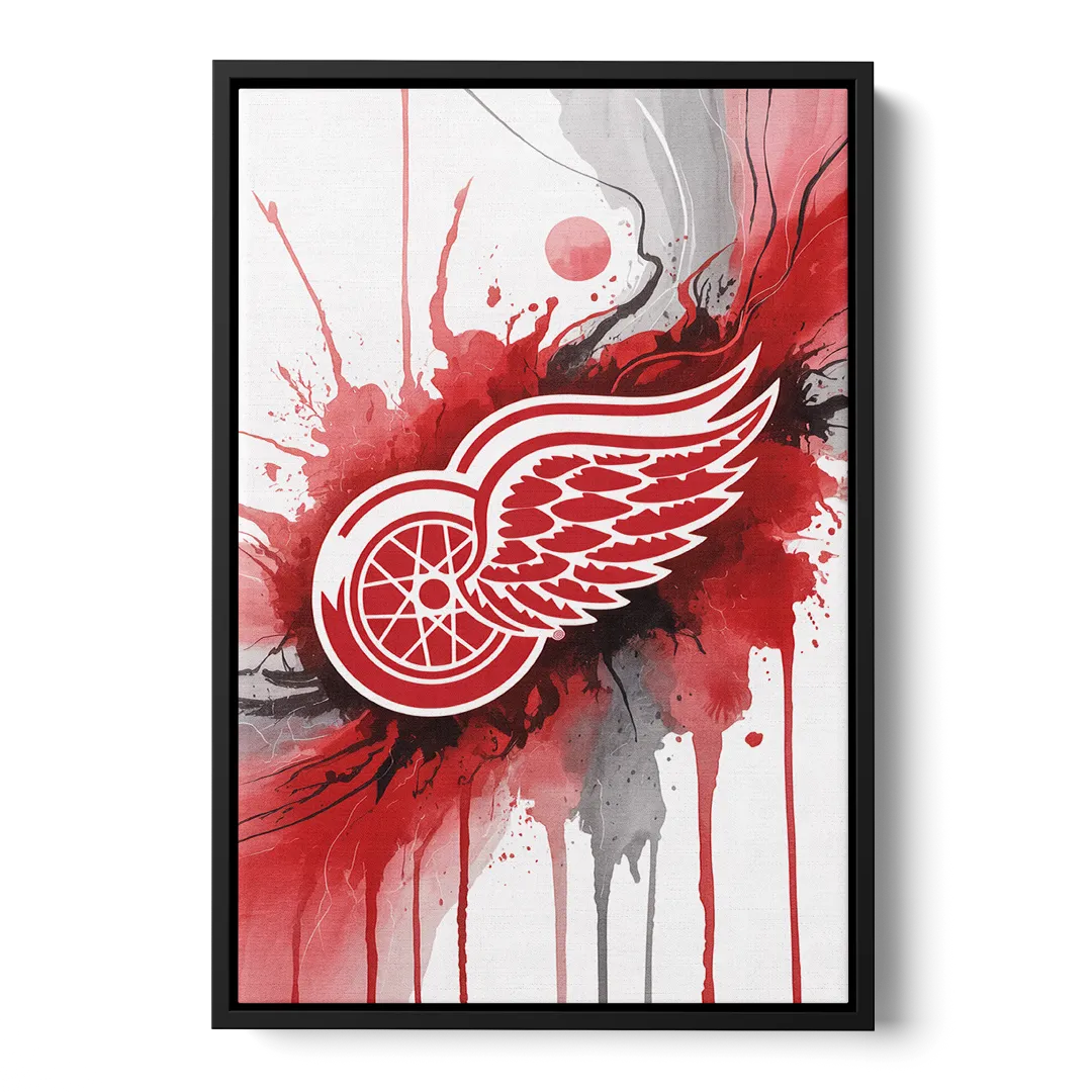 Detroit Red Wings Abstract Watercolor Art with Dynamic Elements - Black Frame Canvas