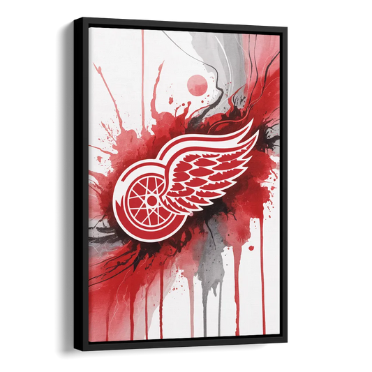 Detroit Red Wings Abstract Watercolor Art with Dynamic Elements Side - Black Canvas Wall Art