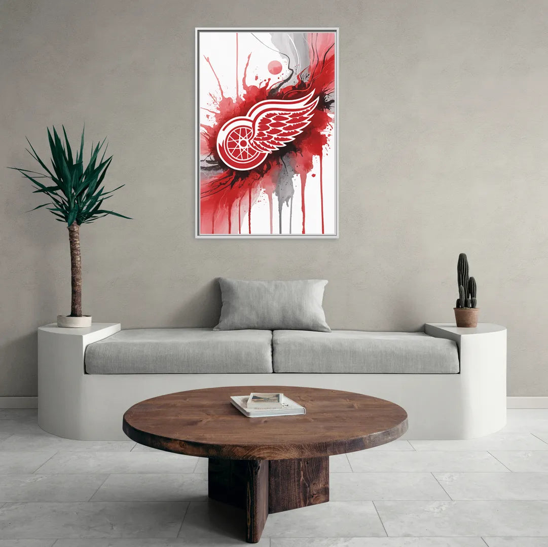 Detroit Red Wings Abstract Watercolor Art with Dynamic Elements - Living Room White Frame Canvas