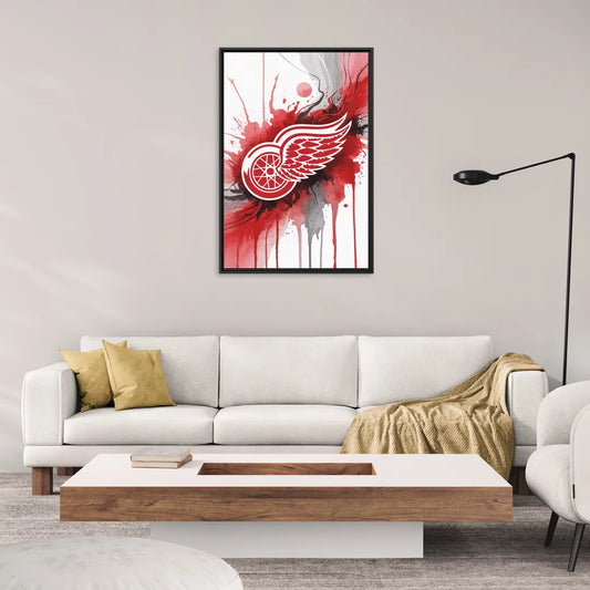 Detroit Red Wings Abstract Watercolor Art with Dynamic Elements - Living Room Black Frame Canvas