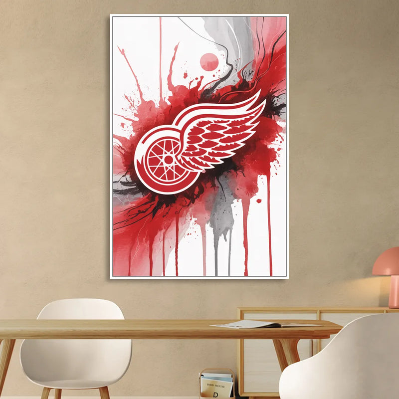 Detroit Red Wings Abstract Watercolor Art with Dynamic Elements Living Room - White Canvas Wall Art