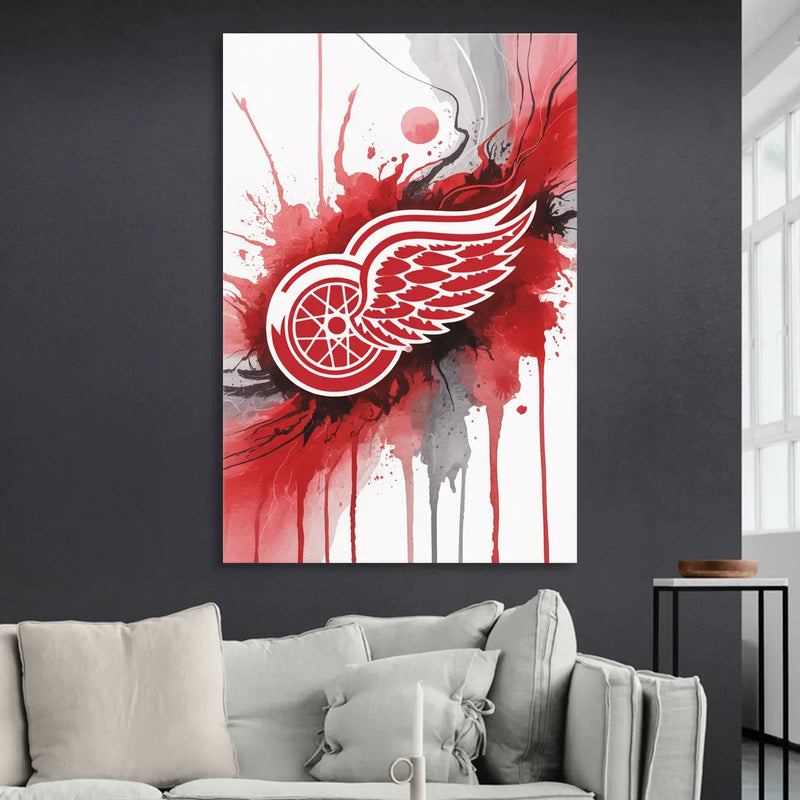 Detroit Red Wings Abstract Watercolor Art with Dynamic Elements Sitting Room - Canvas Wall Art