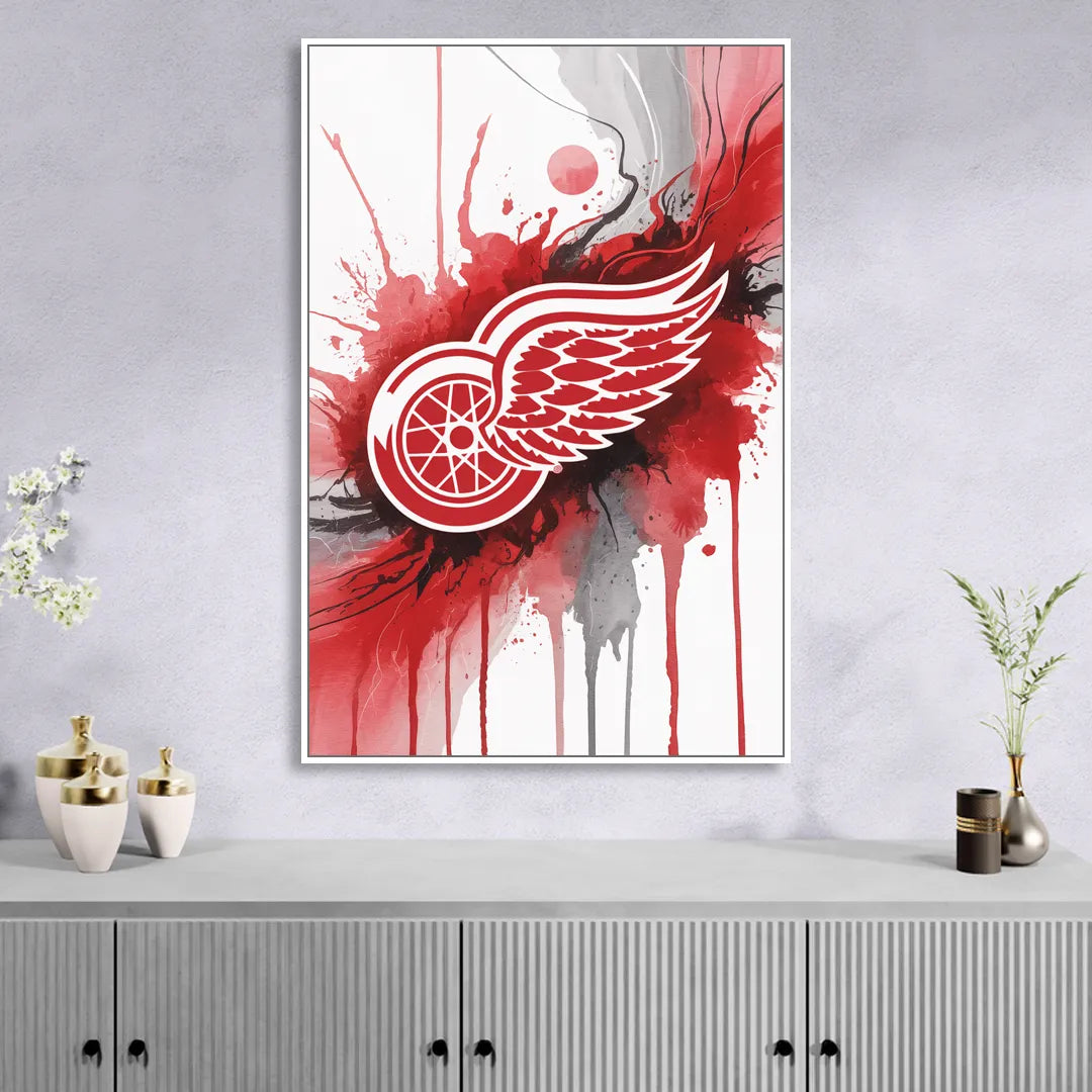 Detroit Red Wings Abstract Watercolor Art with Dynamic Elements Sitting Room - White Canvas Wall Art