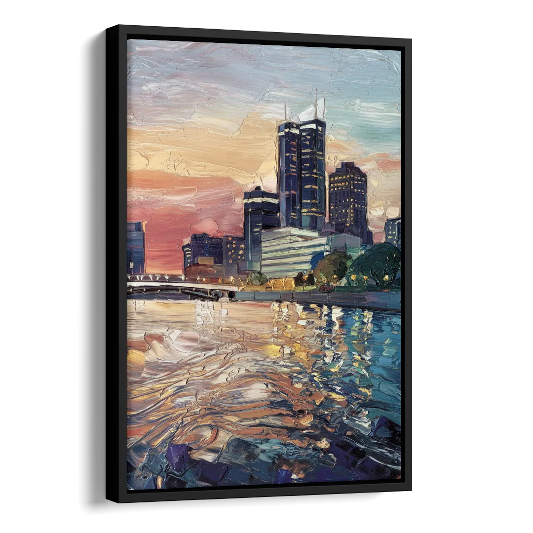 Detroit Riverfront View Side - Black Canvas Wall Art