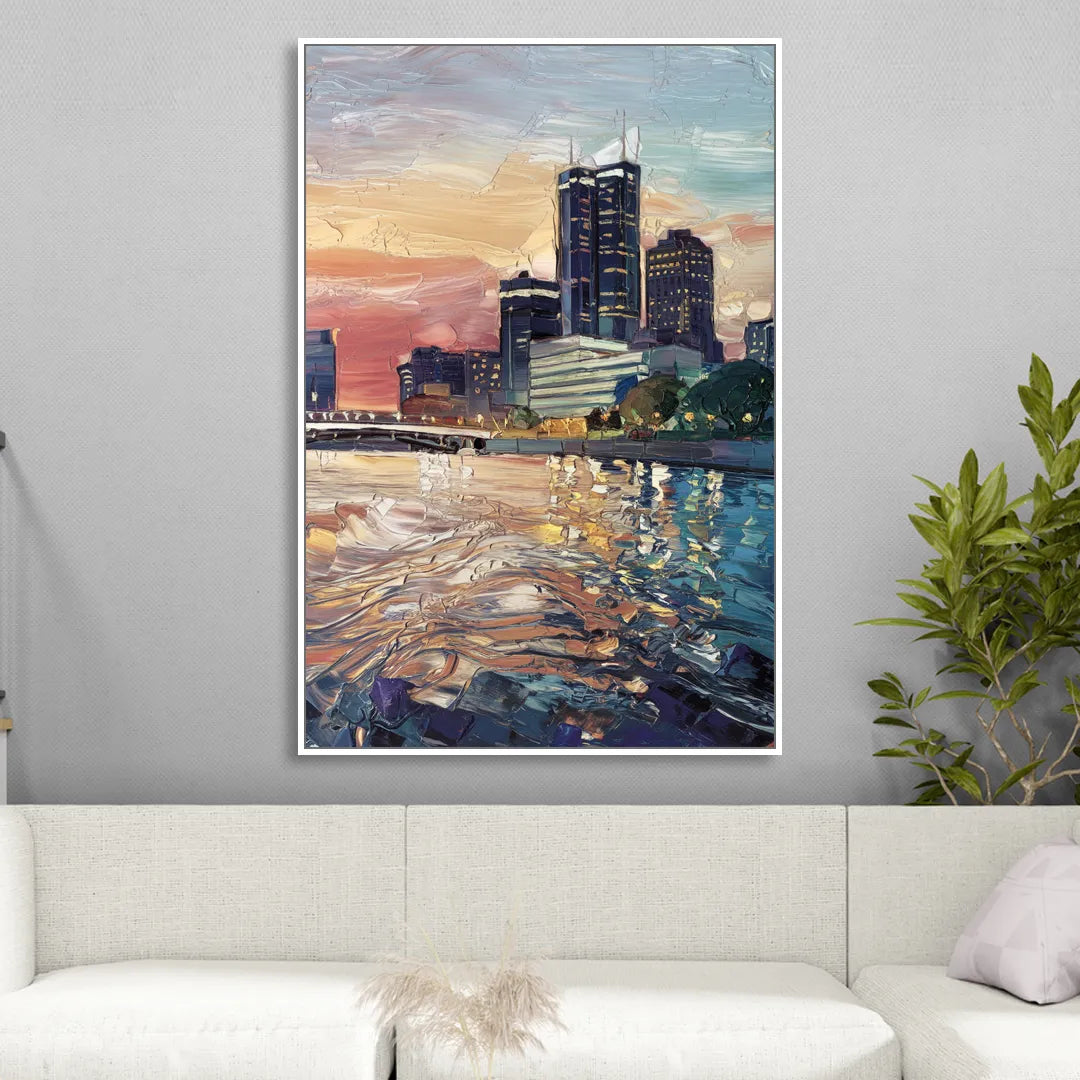 Detroit Riverfront View Living Room - White Canvas Wall Art