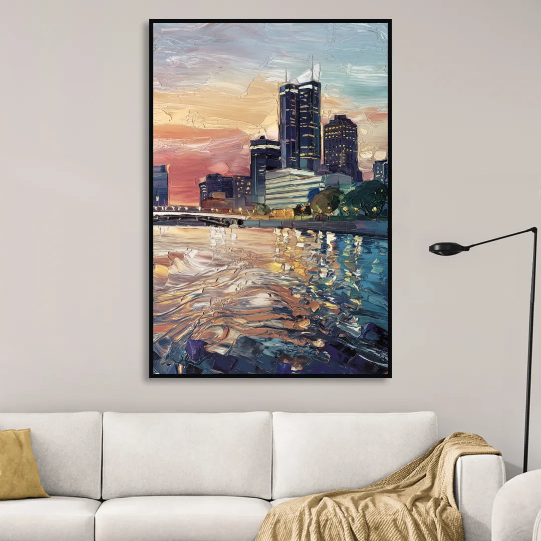 Detroit Riverfront View Sitting Room - Black Canvas Wall Art
