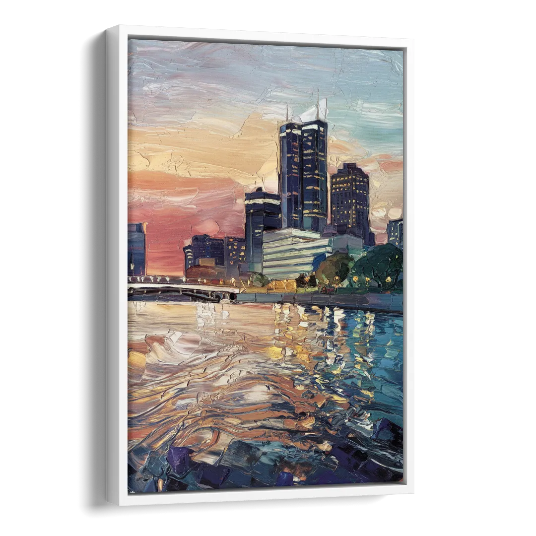 Detroit Riverfront View Side - White Canvas Wall Art