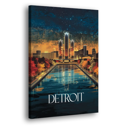 Detroit Scenic Nightscape Side - Canvas Wall Art