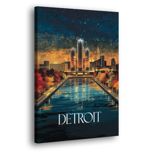 Detroit Scenic Nightscape Side - Canvas Wall Art