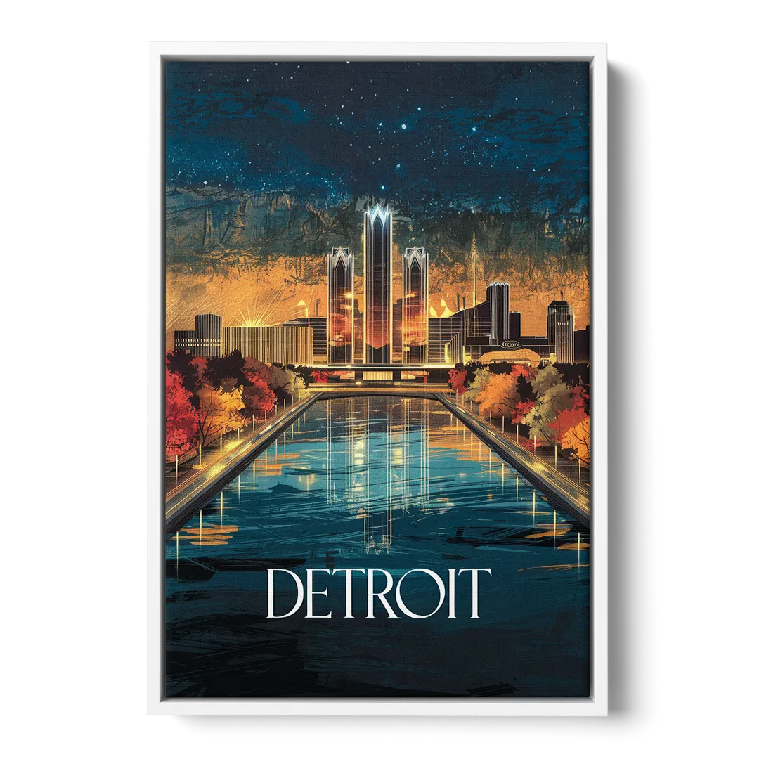 Detroit Scenic Nightscape Front - White Canvas Wall Art