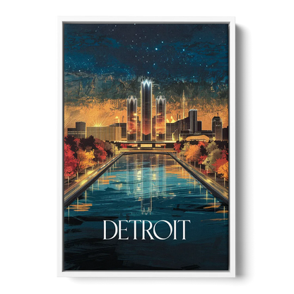 Detroit Scenic Nightscape Front - White Canvas Wall Art