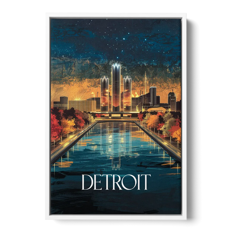 Detroit Scenic Nightscape Front - White Canvas Wall Art