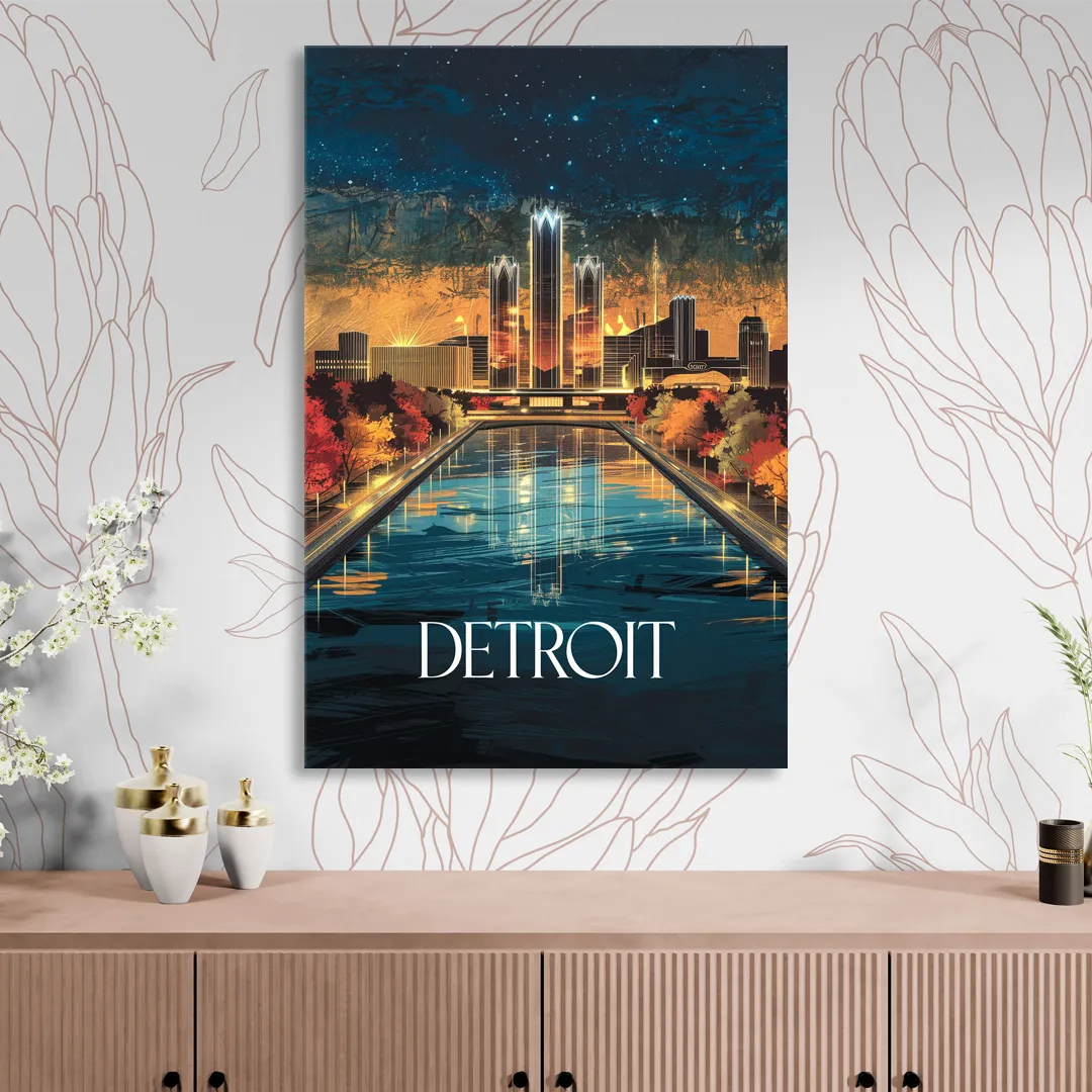 Detroit Scenic Nightscape Sitting Room - Canvas Wall Art