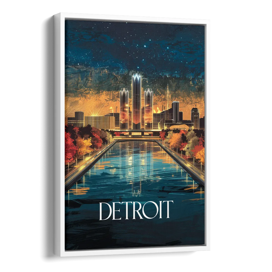 Detroit Scenic Nightscape Side - White Canvas Wall Art