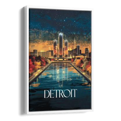 Detroit Scenic Nightscape Side - White Canvas Wall Art