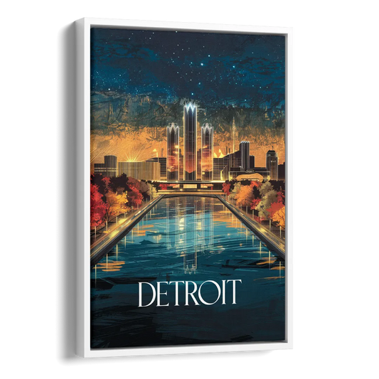 Detroit Scenic Nightscape Side - White Canvas Wall Art