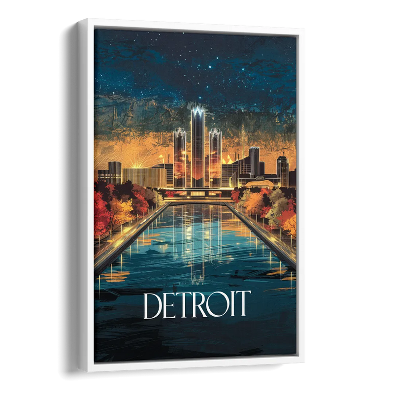 Detroit Scenic Nightscape Side - White Canvas Wall Art