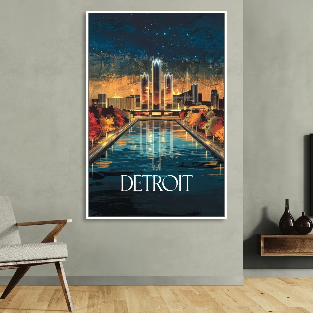 Detroit Scenic Nightscape Sitting Room - White Canvas Wall Art
