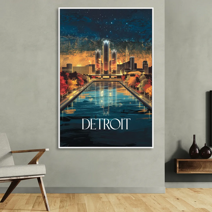 Detroit Scenic Nightscape Sitting Room - White Canvas Wall Art