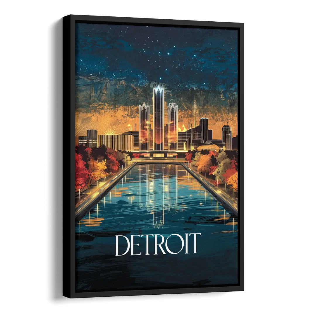 Detroit Scenic Nightscape Side - Black Canvas Wall Art