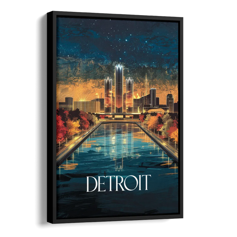 Detroit Scenic Nightscape Side - Black Canvas Wall Art
