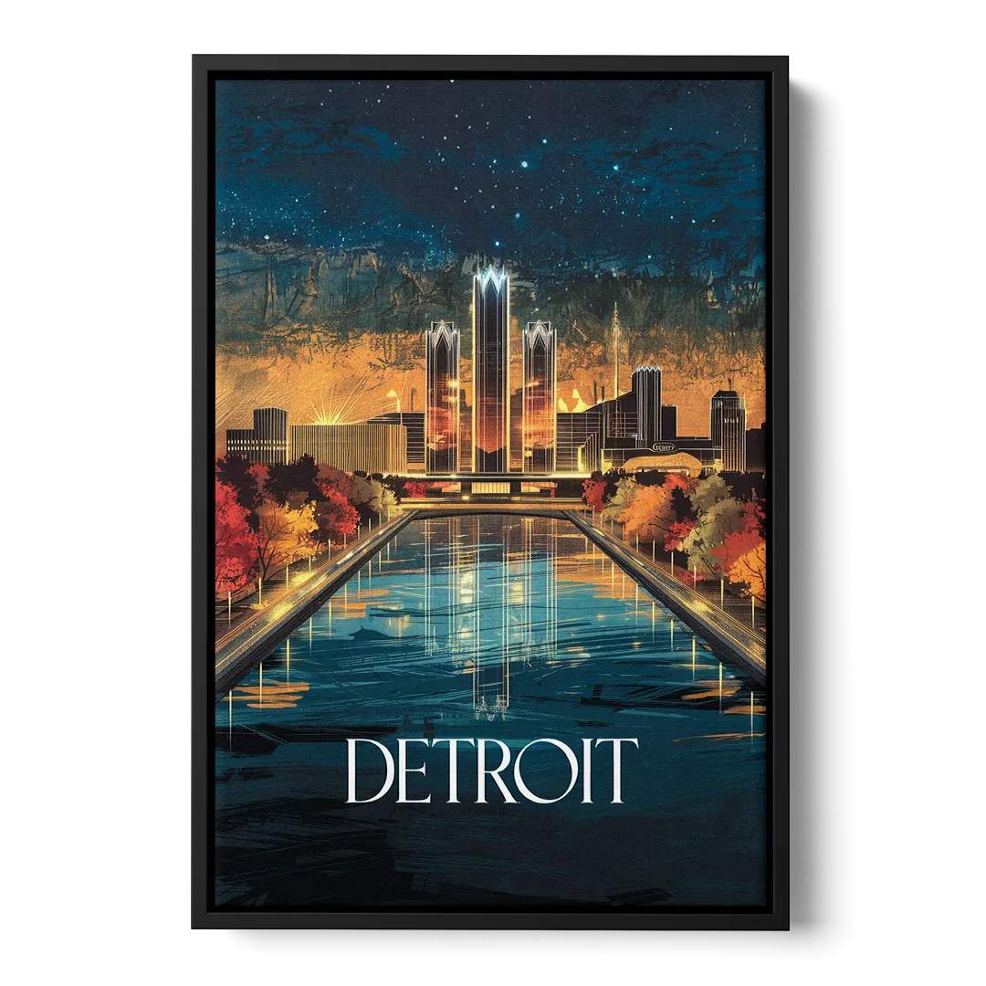 Detroit Scenic Nightscape Front - Black Canvas Wall Art