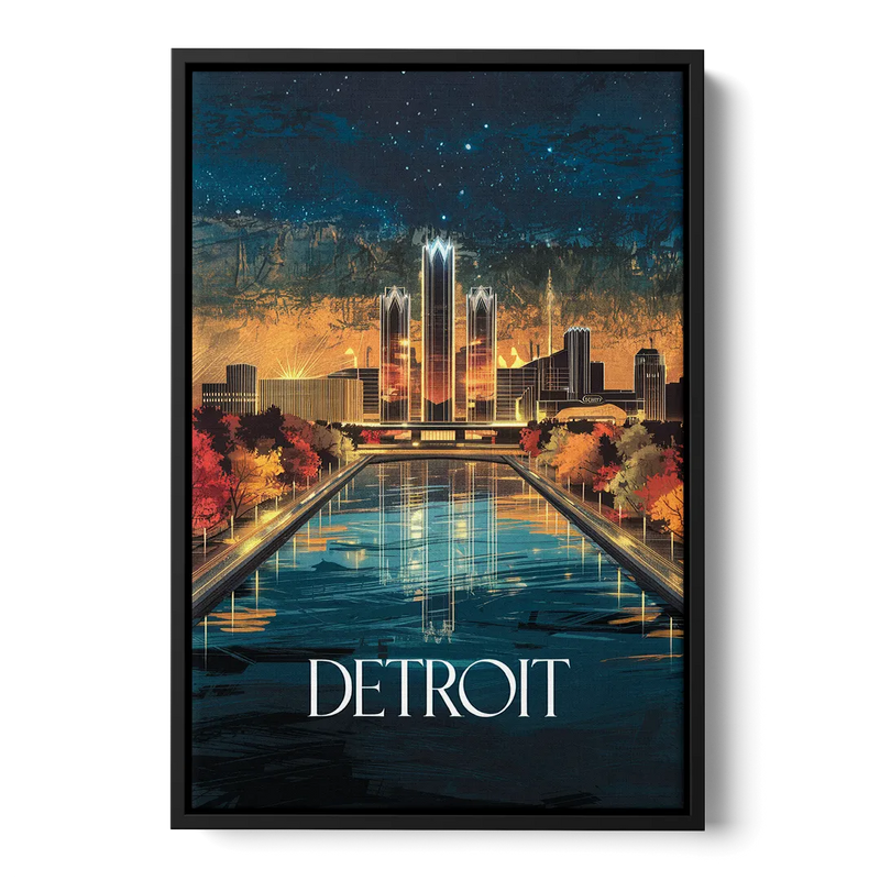 Detroit Scenic Nightscape Front - Black Canvas Wall Art