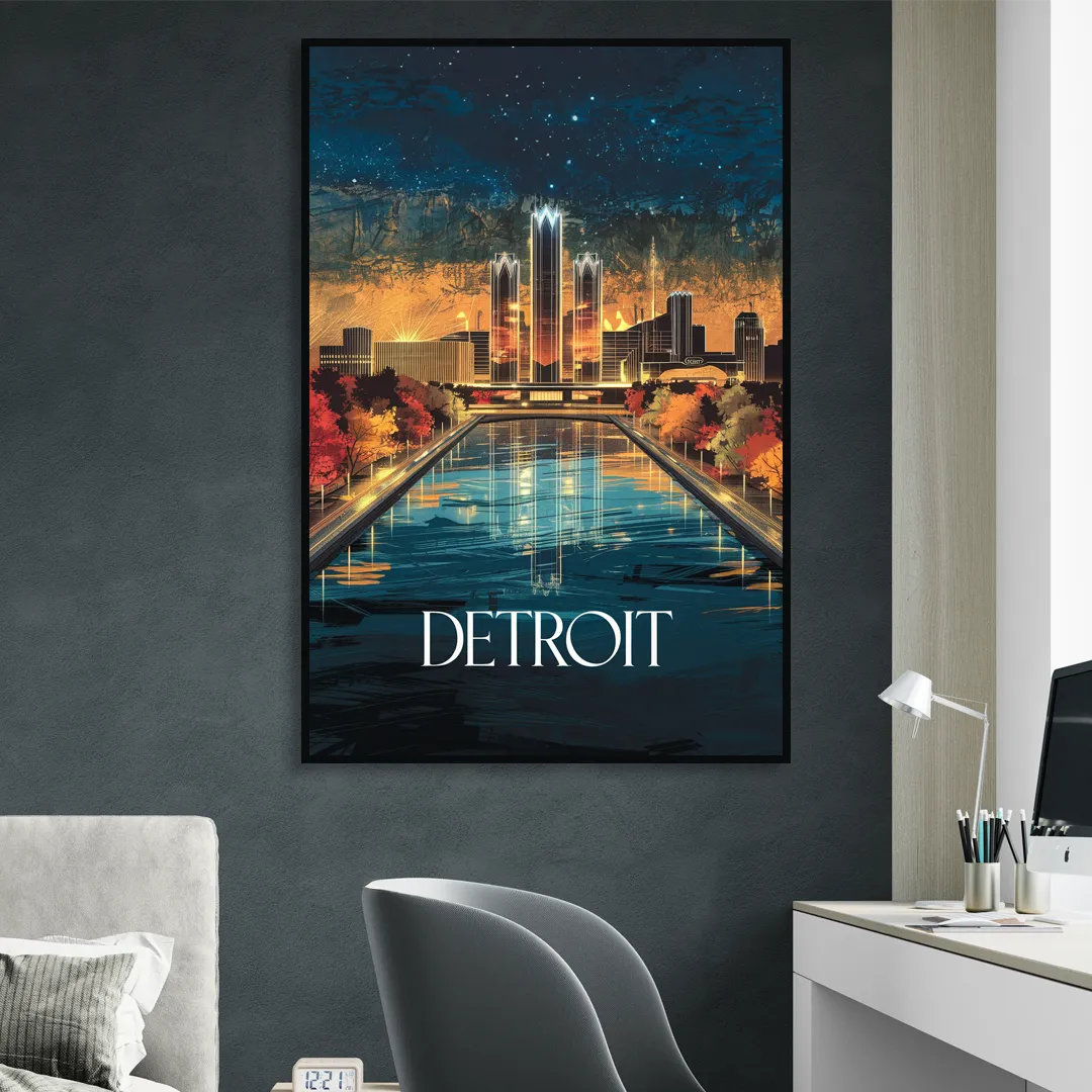 Detroit Scenic Nightscape Sitting Room - Black Canvas Wall Art
