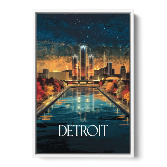 Detroit Scenic Nightscape - White Framed Canvas Wall Art - Front