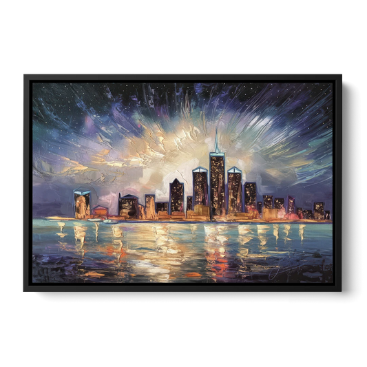 Detroit Skyline And Stars - Black Framed Canvas Wall Art - Front