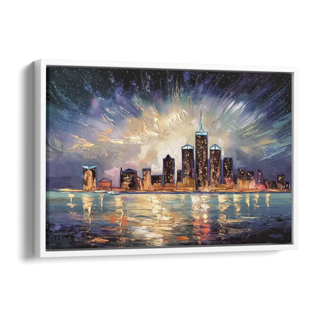 Detroit Skyline And Stars Side - White Canvas Wall Art