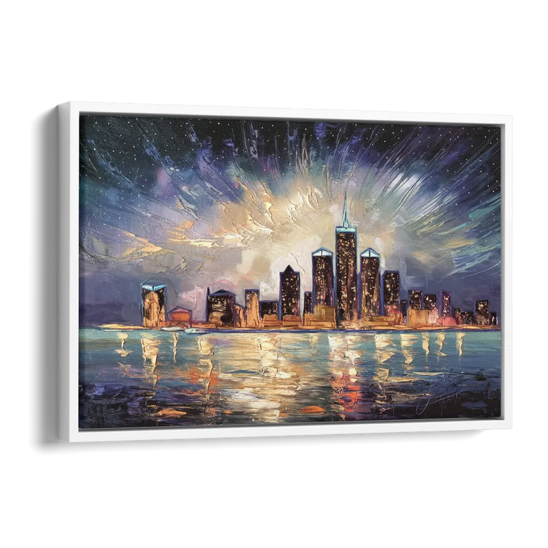 Detroit Skyline And Stars Side - White Canvas Wall Art
