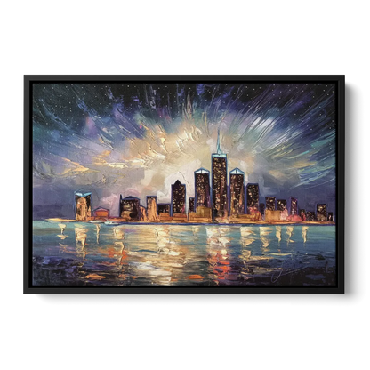 Detroit Skyline And Stars Front - Black Canvas Wall Art