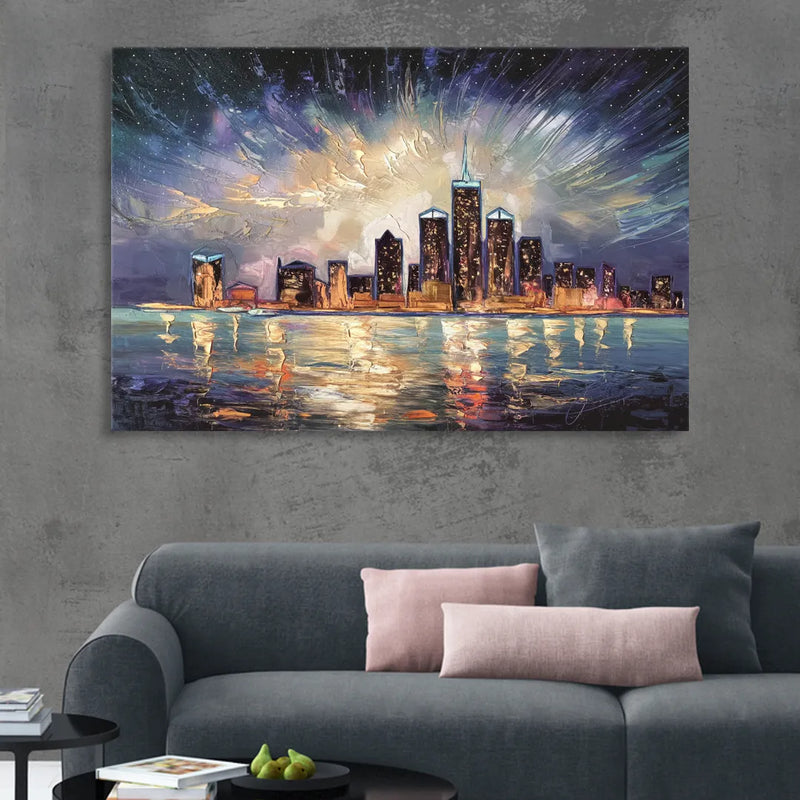 Detroit Skyline And Stars Living Room - Canvas Wall Art