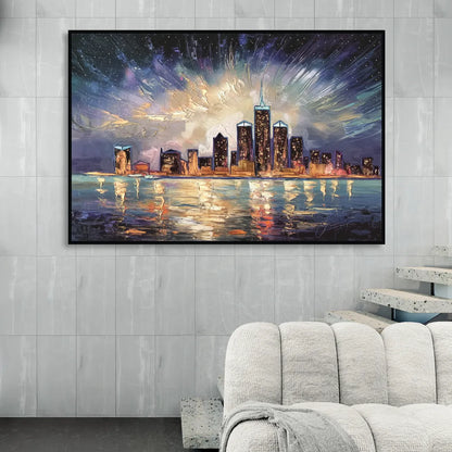 Detroit Skyline And Stars Sitting Room - Black Canvas Wall Art