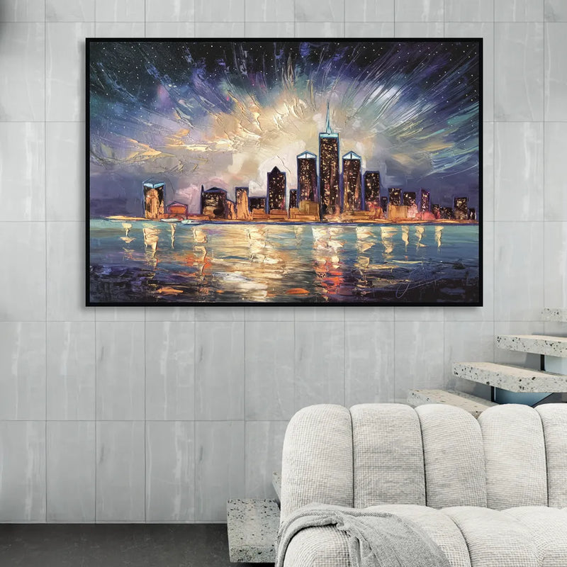 Detroit Skyline And Stars Sitting Room - Black Canvas Wall Art