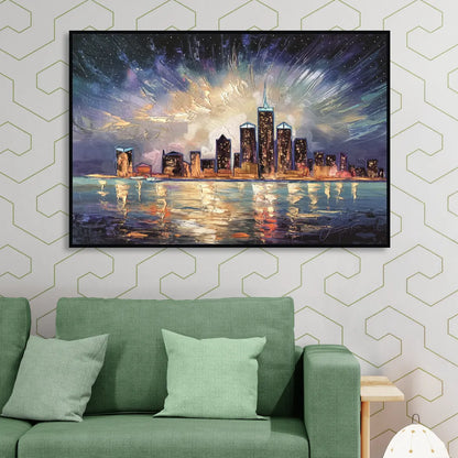 Detroit Skyline And Stars Living Room - Black Canvas Wall Art