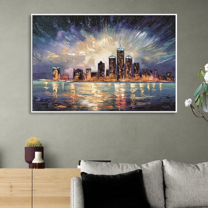 Detroit Skyline And Stars Living Room - White Canvas Wall Art