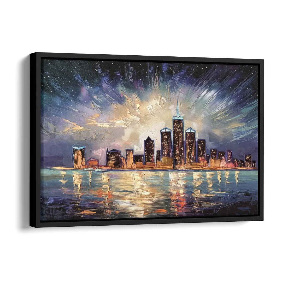 Detroit Skyline And Stars Side - Black Canvas Wall Art