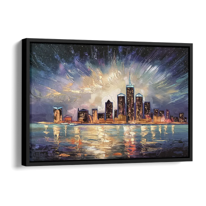 Detroit Skyline And Stars Side - Black Canvas Wall Art