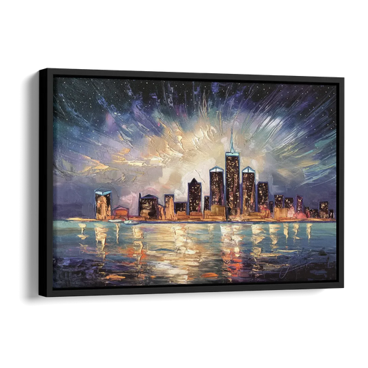 Detroit Skyline And Stars Side - Black Canvas Wall Art