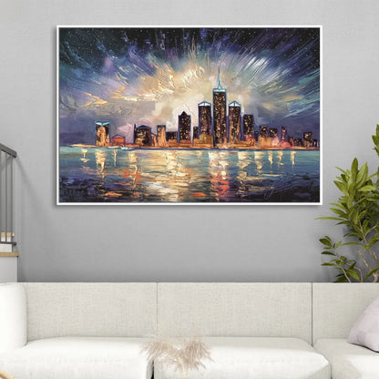 Detroit Skyline And Stars Sitting Room - White Canvas Wall Art